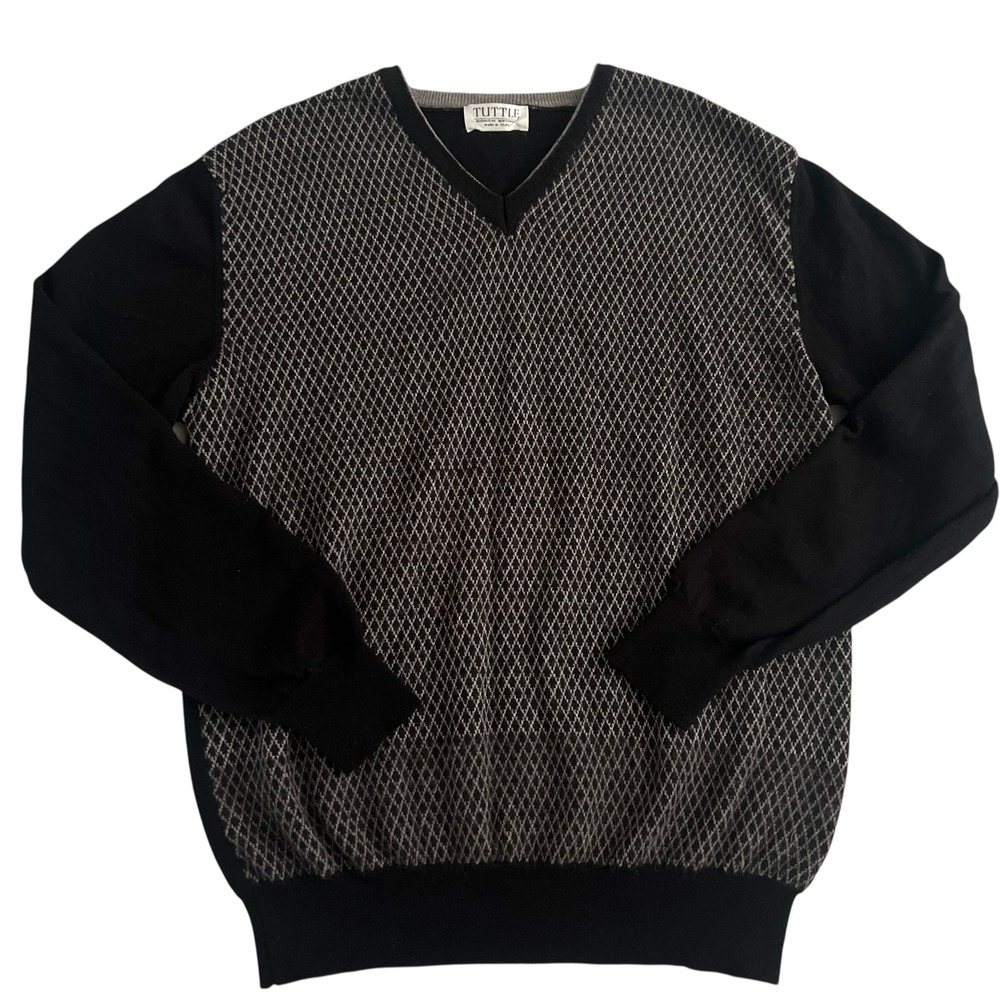 Vtg Tuttle V Neck Sweater Mens M/L Black Gray Italian Preppy Luxury Classic